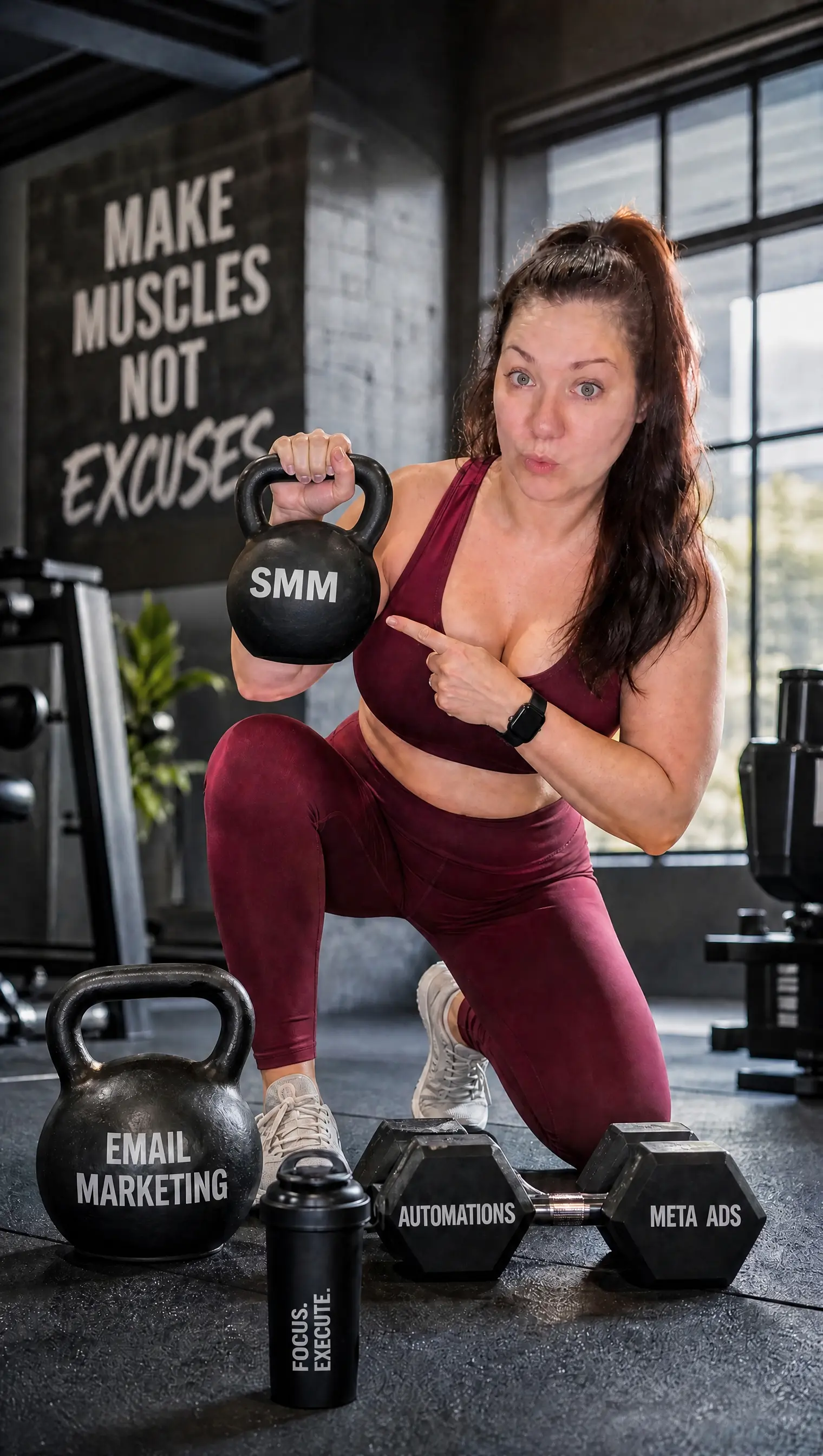 At the gym with kettlebells labeled with marketing services